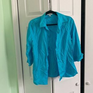 Blue three quarter sleeve women button down shirt